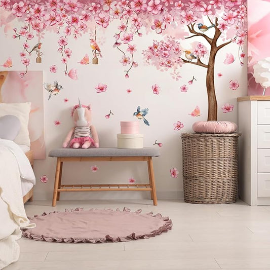 Pink Cherry Blossom Tree Wall Decals, Pink Floral Birds Butterflies Wall Stickers for Girls Bedroom Playroom Nursary, 59x35 inch