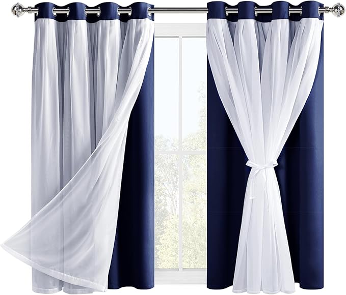 Hiasan Blackout Curtains with Sheer Overlay, Thermal Insulated Privacy Mix and Match Double Layer Window Curtains for Bedroom, Living Room, 2 Drape Panels Sewn with Tiebacks, Navy Blue, 52W X 54L