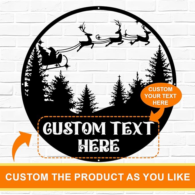 Personalized Christmas Metal Sign, Custom Santa Claus and Reindeer Hanging Sign, Indoor/Outdoor Porch Decor, Black Wall Art, Party Supplies, Personalized Christmas Gifts