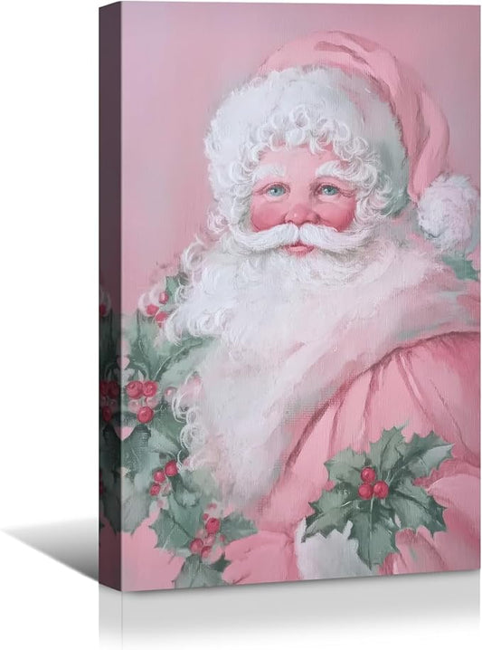 YONICA Christmas Canvas Wall Art Pink Santa 24x36 Inch Soft Pastel Holiday Art for Nursery - Large Framed Gallery Wrapped Kids Room Decor