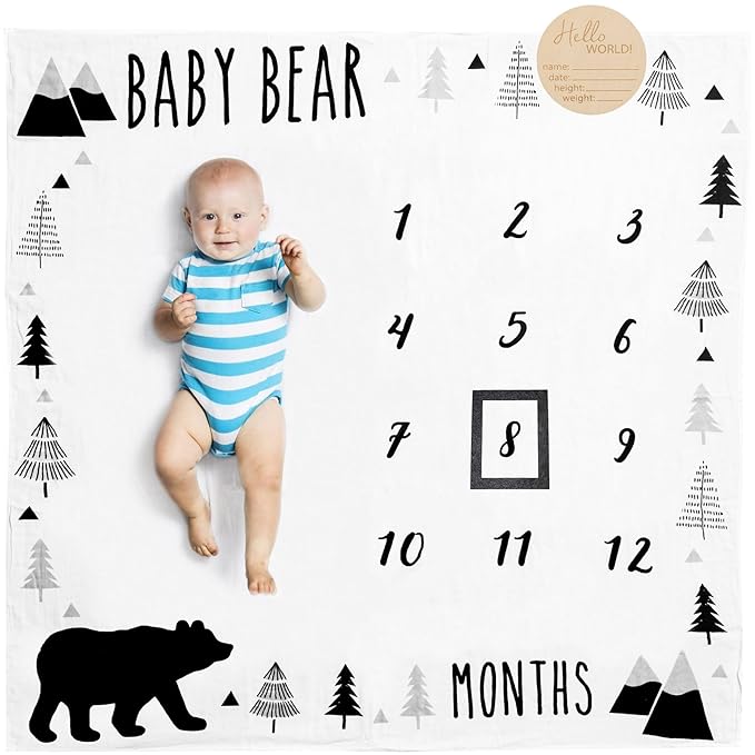 Pondering Pine Organic Baby Monthly Milestone Blanket Boy - Baby Bear Blanket with Month Marker Frame and Newborn Announcement Disc - 1-12 Months Milestones, Woodland, 47”x47”