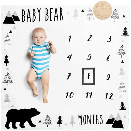 Pondering Pine Organic Baby Monthly Milestone Blanket Boy - Baby Bear Blanket with Month Marker Frame and Newborn Announcement Disc - 1-12 Months Milestones, Woodland, 47”x47”