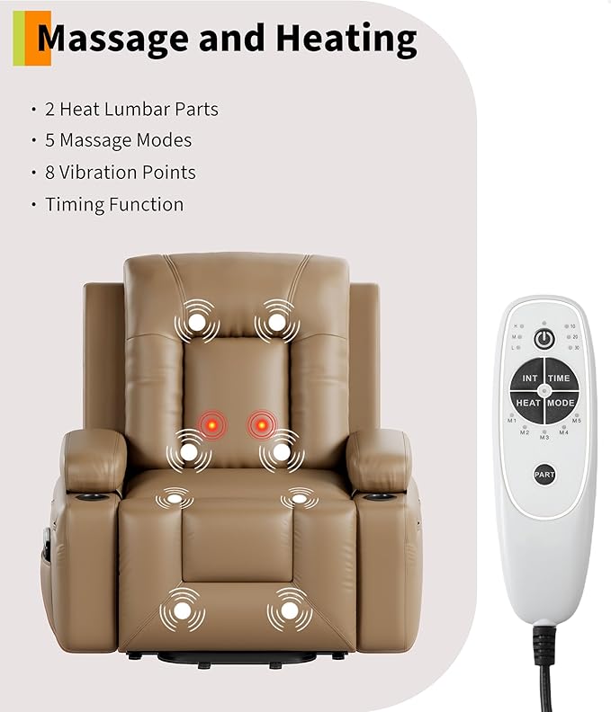 GarveeHome Power Recliner Chair - Heat and Massage, Adjustable Electric Recliner Ergonomic PU Leather Single Sofa, Tall Back, Padded Seat, Lazy Chair for Living Room