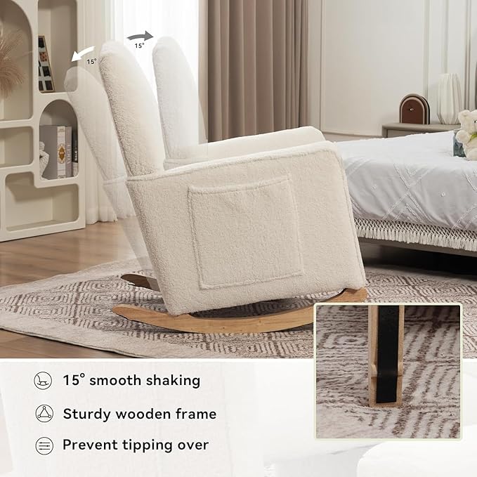 FOXHUNTER Rocking Chair Nursery with Adjustable Footrest and High Backrest, Upholstered Glider Chairs with Side Pockets for Nursery, Rocker Armchair Indoor for Living Room,White