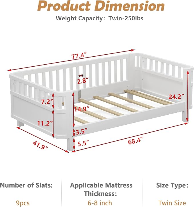Twin Size Kids Bed Montessori Daybed with Safety Rails and Headboard, Low Profile Wood Platform Twin Bed Frame with Slats for Kids Boys Girls Bedroom, No Spring Box Required, Twin White