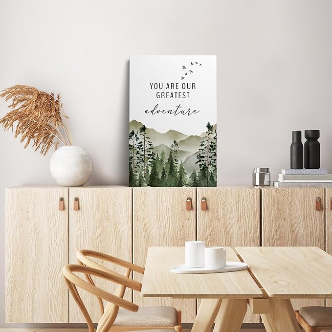 XWELLDAN You are Our Greatest Adventure Woodland Nursery Inspirational Wall Art Canvas Prints,Watercolor Forest Mountain Adventure Wall Art Decor for Kids Baby Bedroom Nursery, 16 x 24 Inch, Framed