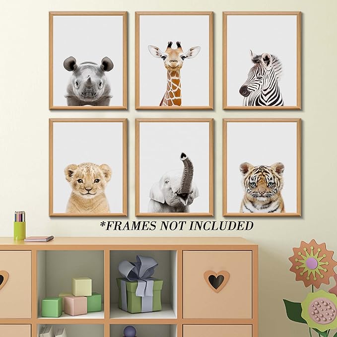 Nursery Baby Room Wall Art Decor, Jungle Nursery Baby Animal of Rhino Giraffe Zebra Decorations, Nursery Safari Cute Animal Decor for Baby Bedroom (12"x16", UNFRAMED)