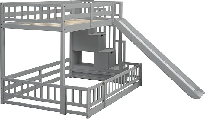 Twin Over Full Bunk Bed with Slide, Solid Wood Bunk Bed with Safety Guardrails and Storage Staircase for Kids Teens Boys Girls Bedroom, Space Saving Design (Grey-30c)