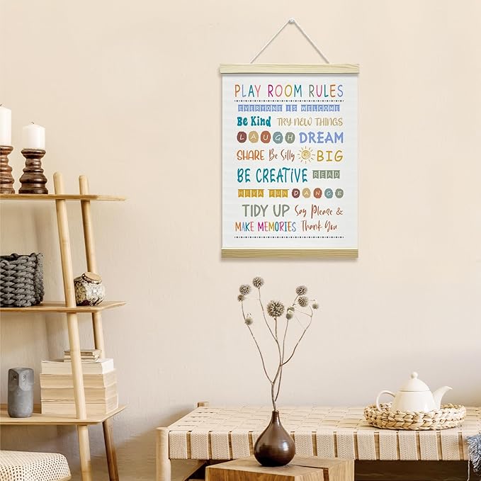 Nopoben Playroom Rules Poster Hanger Frame, Playroom Wall Art With Wooden Poster Hanger, Play Room Wall Decor, Kids Room Nursery Bedroom Classroom Decor(12x16 Inches)-21