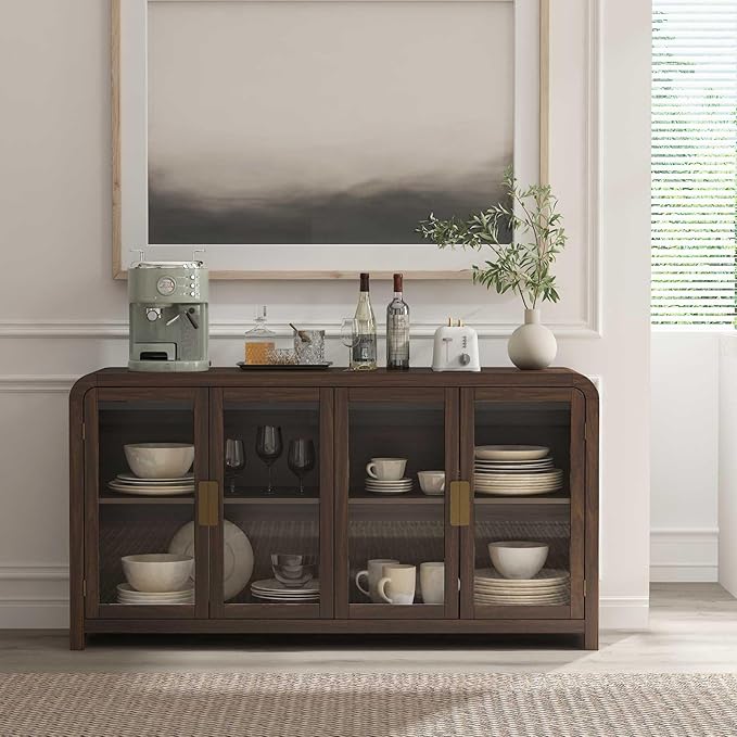 Oak&Sparrow Oak Sideboard Buffet Cabinet with Storage, 60'' Boho Buffets & Sideboards with Adjustable Shelves, Sideboard Cabinet with 4 Glass Doors for Living Room, Hallway & Kitchen