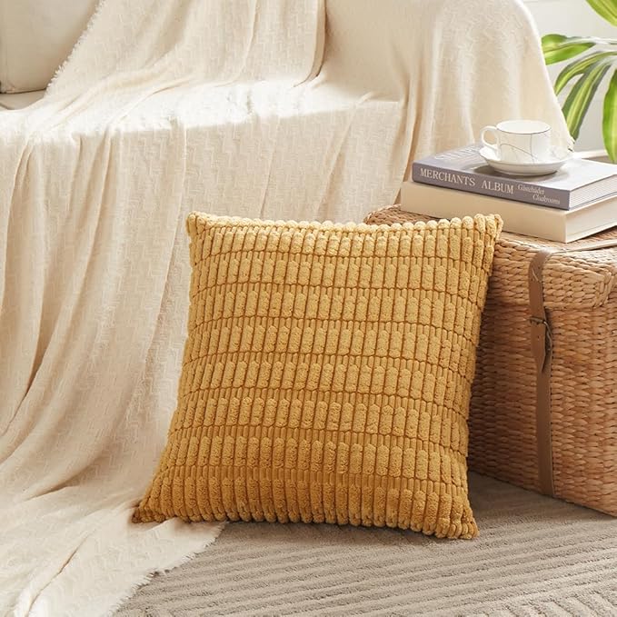 Fancy Homi 2 Packs Mustard Yellow Decorative Throw Pillow Covers 26x26 Inch for Living Room Couch Bed Sofa, Rustic Farmhouse Boho Home Decor, Soft Striped Corduroy Square Cushion Case 66x66 cm