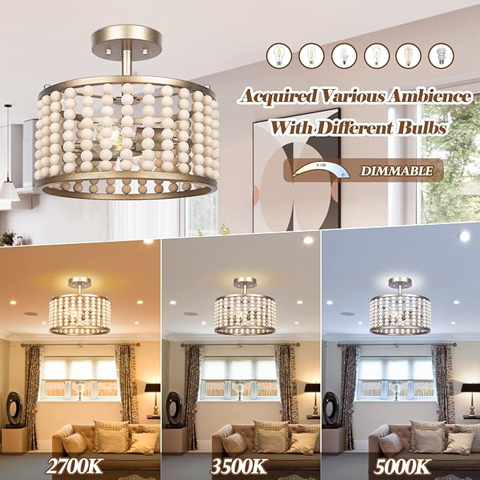 Boho Light Fixture - Wood Beaded Semi Flush Mount Ceiling Light, Modern Farmhouse Chandelier, Golden 2 Lights Nursery Light Fixture for Bedroom Hallway Foyer Kitchen Island Living Room, E26 Base