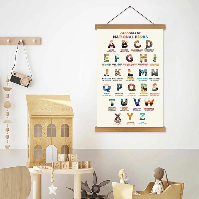 KAIRNE National Parks ABC Poster,Nature Scenery Alphabet Canvas Wall Art Print,Travel Themed Wall Decor with Wood Magnetic Poster Hanging Frame(15.7X25inch)Alphabet of National Parks for Traveler Room Decor