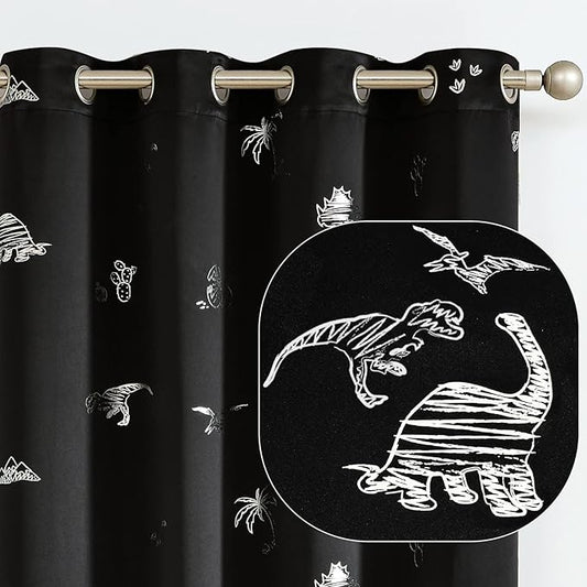 Vangao Kids Curtains Black Blackout Dinosaur Curtains for Boys Kids Nursery Girls Room Silver Dino Foil Print Thermal Insulated Drapes Grommet Top Window Treatments 84 Inches Length 2 Panels