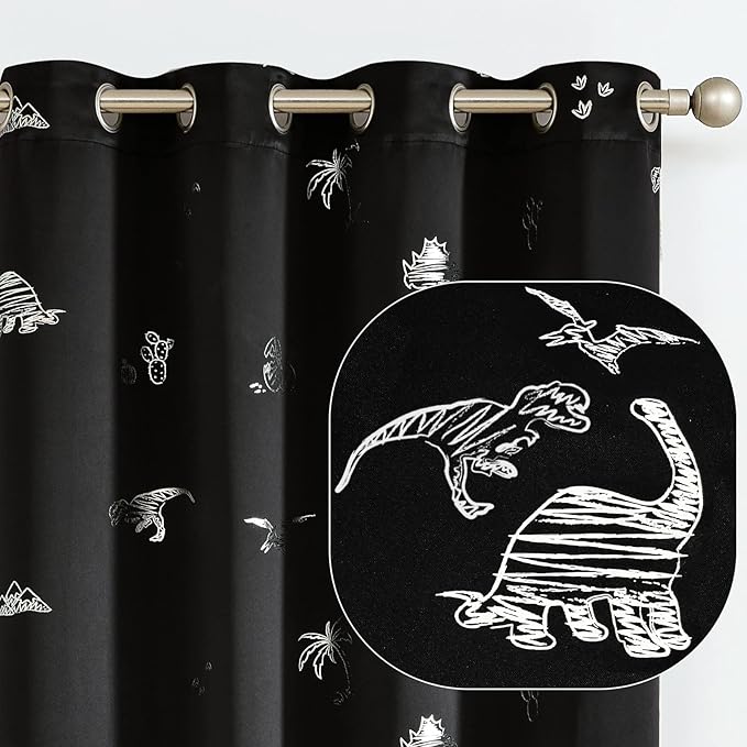 Vangao Kids Curtains Black Blackout Dinosaur Curtains for Boys Kids Nursery Girls Room Silver Dino Foil Print Thermal Insulated Drapes Grommet Top Window Treatments 63 Inches Length 2 Panels