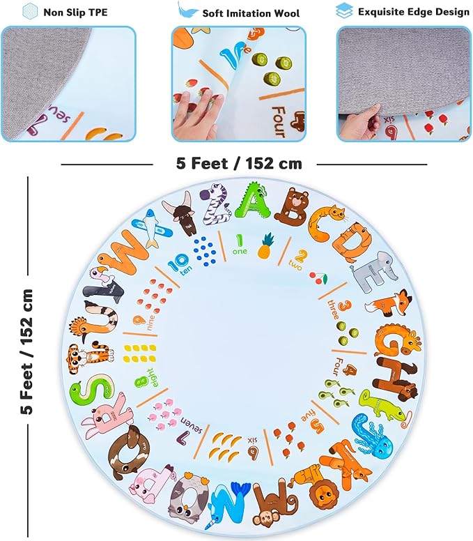 Kids Rugs for Playroom, 5'x5' Round Educational Rug for Learn the ABC Alphabet, Soft Machine Washable Non-Slip Cute Animal Carpet for Classroom Toddler Nursery Kids Room Decor Mat, Light Blue