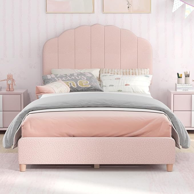 Costzon Twin Bed Frames with Adjustable Headboard, 660 LBS Weight Capacity Upholstered Wooden Kids Bed w/Slats Support, No Box Spring Needed, Easy Assembly, Twin Platform Bed Frame (Pink Shell)