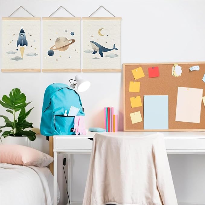 URLLUAE Space Whale Wall Art Posters for Kids Room, Outer Space Rocket Planet Poster Hanger Frame for Classroom Toddler Boys Room Nursery Playroom Wall Decor, 12x16 Inch Set of 3