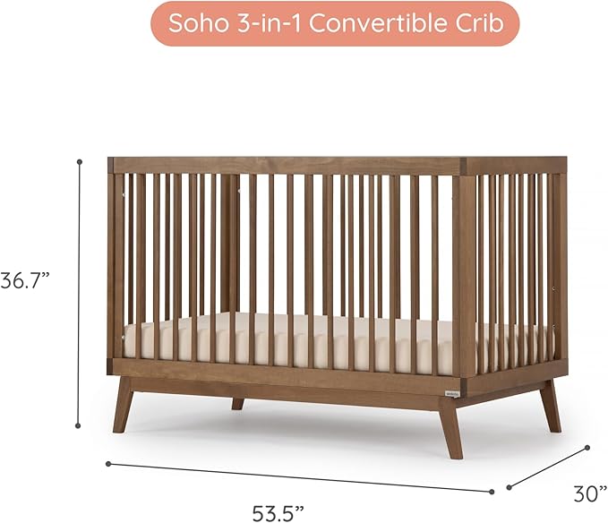 dadada Baby Soho 3 in 1 Convertible Wooden Crib to Toddler Bed - Made in Italy, GREENGUARD Gold Certified, Baby-Safe Finish, Sustainable Beech Wood, Modern Design, 3 Adjustable Heights (Walnut)