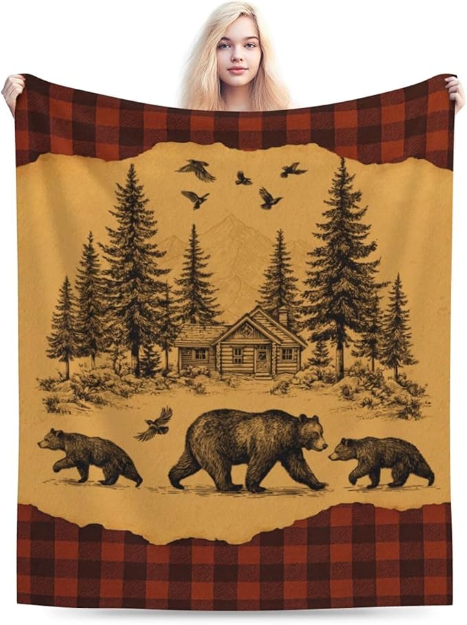 Bear Blanket Rustic Cabin Country Bear Hunting Throw Blanket Soft Cozy Fleece Fuzzy Plush Warm Stuff Bedding Wild Animal Blankets Gifts for Boys Girls Kids Adult Men Women 40"X50"