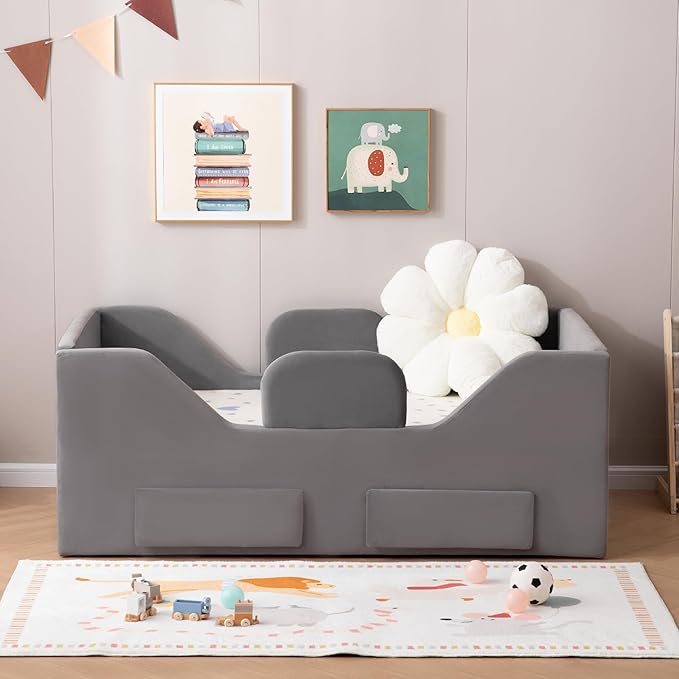 Toddler Bed Frame with 2 Drawer and Storage Bag, Kids Bed with Removable Safety Rails, Standard Crib Size Portable Beds, Safety Upholstered Child Beds for 1-6 Years Old