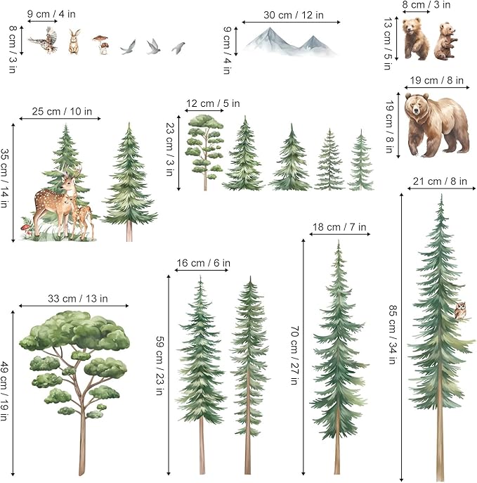 decalmile Large Pine Tree Woodland Wall Decals Forest Animal Bear Deer Wall Stickers Kids Room Baby Nursery Bedroom Wall Decor