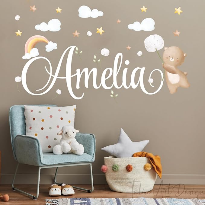 Personalised Teddy Bear Name Wall Stickers – Cute Cartoon Nursery Decals for Kids, Custom Baby Room Decor Removable Vinyl Art for Boys & Girls