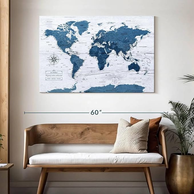 ElephantStock - My World Push Pin Map IV Wall Art - Horizontal Canvas Wall Art - Living Room Wall Decor - Unique Map Canvas Art - Blue And Decor - 48" x 32"