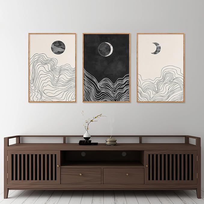 HLNIUC Black and White Abstract Wall Art Set of 3, Large Boho Framed Canvas Decor(16x24), Modern Celestial Sun Moon Painting, Geometric Line Mountain Art Print for Living Room, Bedroom, Office