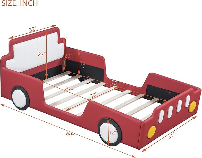 Twin Size Race Car-Shaped Platform Bed with Wheels, Unique Design Floor Bed with PU Leather Headboard and Safety Guardrails, Wood Slat Support for Kids,Boys,Girls (Red-100A)