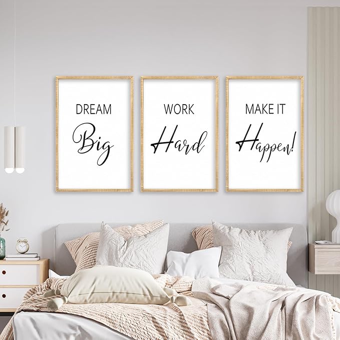 Motivational Positive Sign Wall Decor 11x16 Inch Office Set Of 3 Wood Framed Large Inspirational Quotes Living Room Home Wall Art Dream Big Work Hard Make it Happen women Hanging (Wood)