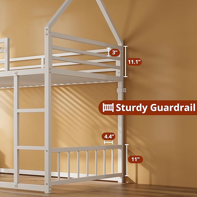 LIKIMIO Bunk Bed Twin XL Over Twin XL, Metal Bunk Bed Frame with Ladder and Guardrail, House Shaped with Metal Slats for Dormitory and Bedroom, Space Saving, No Box Spring Needed, White