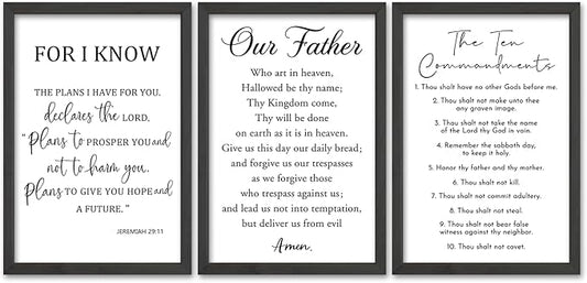Surfapans Bible Verse Scripture Wall Decor Art 16"×11" Christian Sign Set of 3 Inspirational Quotes Scripture Wood Framed Wall Hanging (Black)