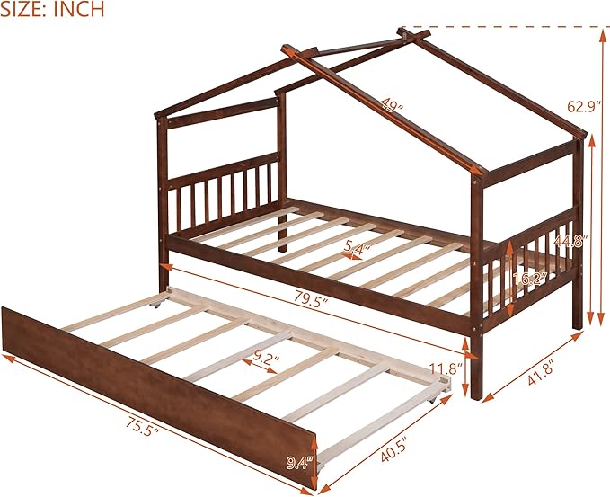 Merax Twin Size Wooden House Bed with Trundle, Wood Bed Frame with Roof for Kids, Teens, Boys or Girls, Walnut