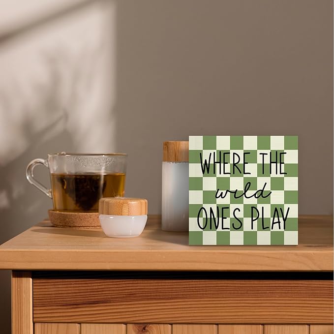 Where The Wild Ones Play Wood Box Sign Desk Decor 5X5, Nursery Kids Room Wooden Block Sign Decorations for Playroom Toddler Boys Girls Room Wall Tabletop Shelf Decor