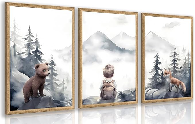 kilamino Neutral Woodland Wild Animal Wall Art, Cute Bear Fox Nursery Wall Decor, Adventure Boy Poster Prints, Vintage Forest Animal Canvas Paintings for Baby Room Playroom Wood Framed 12"x16"x3