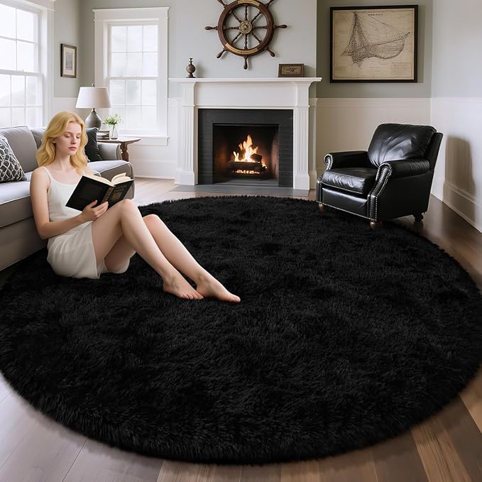 EVOIONOS Black Round Rug for Living Room, 7x7 Ft Fluffy Soft Circle Area Rugs for Bedroom, Plush Shaggy Circular Carpet for Indoor Floor Bedside Kids Nursery, Machine-Washable Home Decor Aesthetic