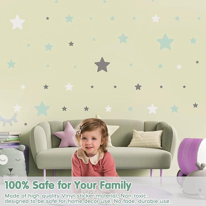 Stars Wall Stickers Removable, Vinyl Stars Wall Decals Peel and Stick, Green and Grey Tone Stars Wall Stickers for Living Room Decoration