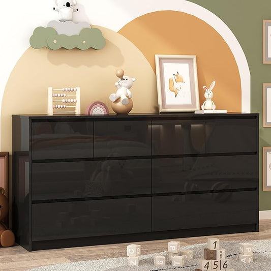 Black Malm Dresser for Bedroom, 63 Inch Full High Gloss Dresser with 8 Drawers, Modern Large Wood Chest of Drawer Handle Free, Living Room, Entryway, Hallway, Black