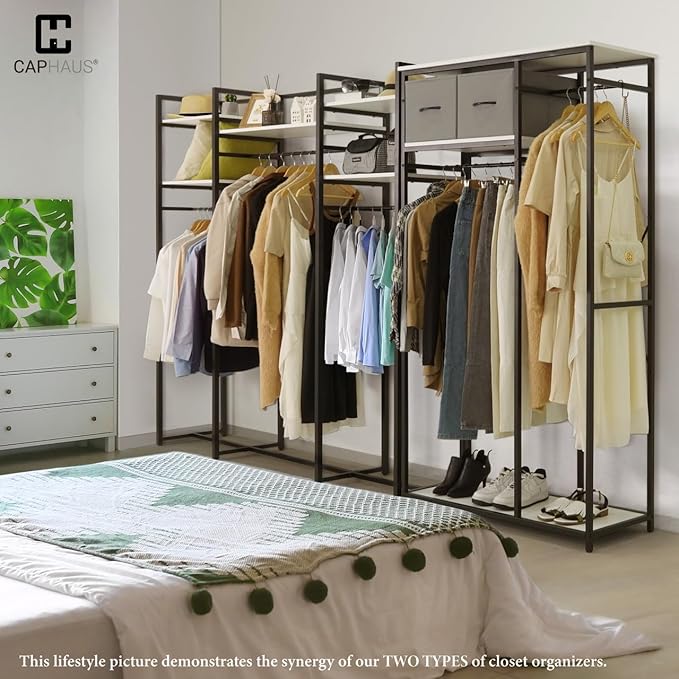 CAPHAUS 550 lbs Capacity Heavy Duty Clothing Rack, 40" W Metal Garment Rack with Drawers Hanging Rods and Wood Shelves Freestanding Closet Organizer, White Board