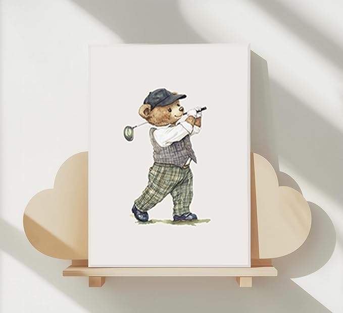 Vintage Nursery Wall Art Kids Room Canvas Wall Decor Animal Pictures Cute Duck and Woodland Bear Posters Neutral Floral and Sailboat Painting Print Artwork for Baby Boy Girl Room Playroom, Framed