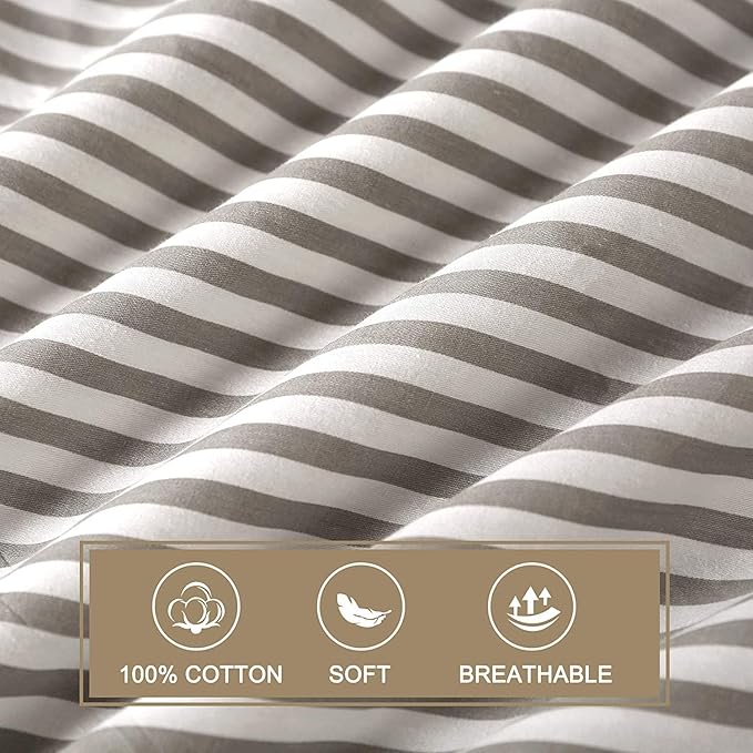 JELLYMONI Duvet Cover, 100% Natural Cotton, Printed Comforter Cover with Zipper Closure and Corner Ties (Twin 66×92 Inch, White Duvet Cover Set with Grey Stripes Pattern, 2 Pcs)