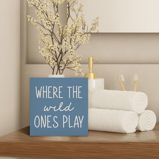 Where The Wild Ones Play Blue Wood Box Sign Desk Decor 5X5, Nursery Kids Room Wooden Block Sign Decorations for Playroom Toddler Boys Girls Room Wall Tabletop Shelf Decor