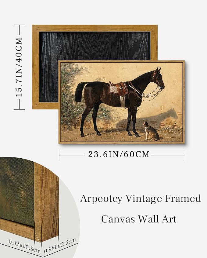 ARPEOTCY Framed Canvas Horse Wall Art, Classical Horse and Dog Art Print for Home Decor, Large Rustic Farmhouse Country Wall Decor for Living Room, Bedroom, Bathroom, Office, 16x24 inch