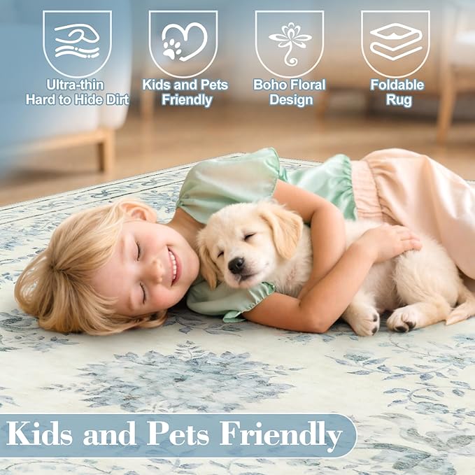 Wonnitar Bow Floral 5x7 Washable Rug, Blue Area Rug for Kids Room, Ultra-Thin Non Slip Soft Neutral Aesthetic Decor Carpet for Living Room Farmhouse Dining Room Office Playroom