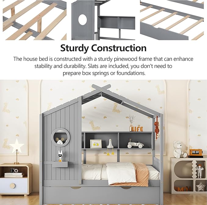 Harper & Bright Designs Twin Size House Bed with Trundle & Storage Shelf, Wood Platform Beds Frame for Kids, Montessori Bed with Roof for Boys, Girls, Safety and Quality Guaranteed, Gray