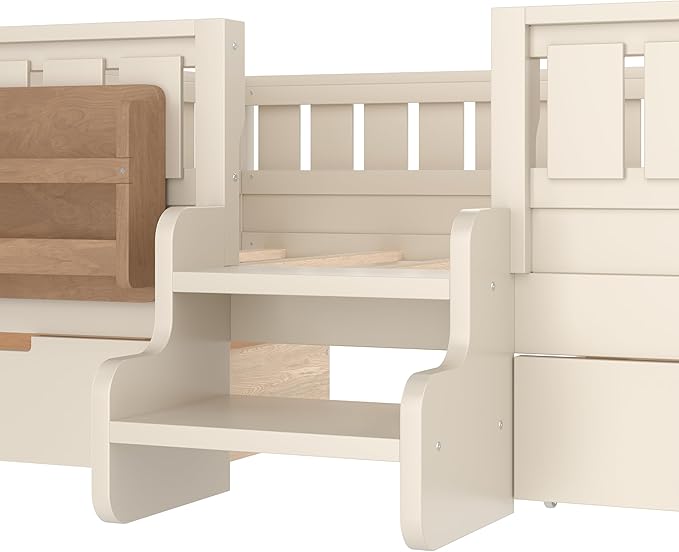 Bellemave Full Size Kids Bed with high Rails and with Built-in Bookshelf and Drawers for Kids, Girls, Boys, Wood Montessori Bed Without Door, Beige