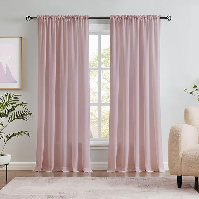 Melodieux Dusty Pink Velvety Semi Sheer Curtains 63 Inches Long for Bedroom, Living Room Natural Cotton Texture Rod Pocket Window Sheer Drapes, 52 by 63 Inch (2 Panels)