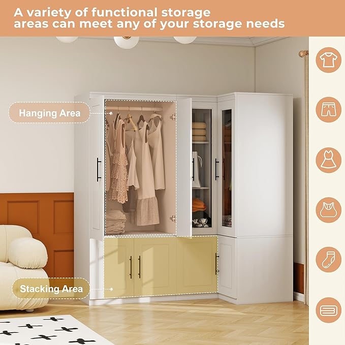 Armoire Wardrobe Closet with 4 Door: Wood Wardrobe Closet Transparent Door Wooden Combination Cabinet Bedroom Armoire with Hanging Rods for Home/Bedroom/Living Room