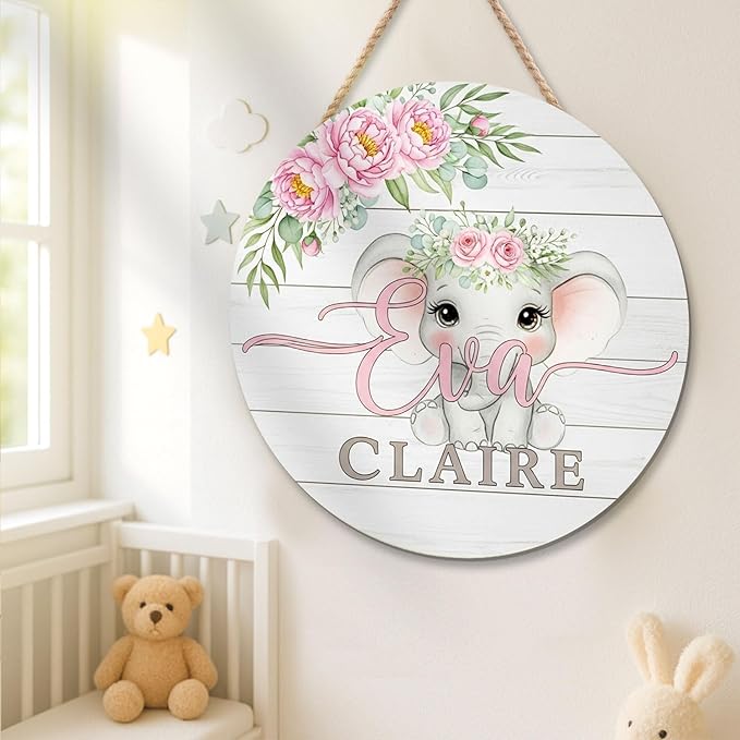 Personalized Baby Girl Name Sign with Elephant and Flowers – Custom Wooden Nursery Wall Decor for Playroom, or Gift Nursery Room Decoration